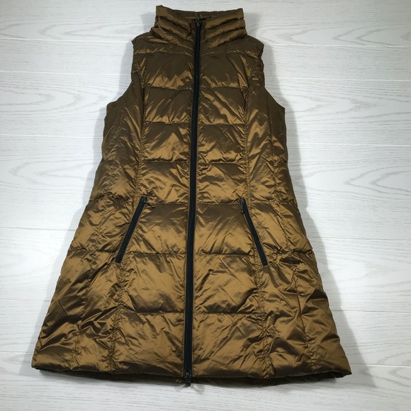 Jackets & Blazers - Womens Duck Down Quilted Puffer Vest Size Small Gold Zip Pockets High Collar